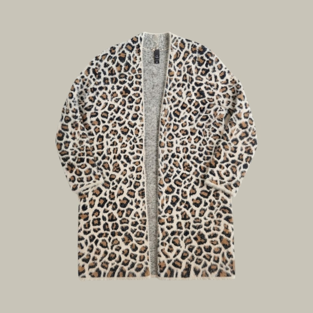 ALYA Leopard Print Fuzzy Open Front Cardigan Sweater Tan Black Small ST20B303